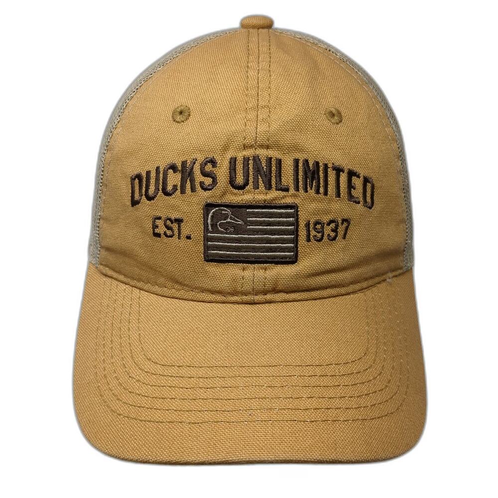 Ducks Unlimited Trucker Hat Brown One Size Mesh Snapback Embroidered Flag